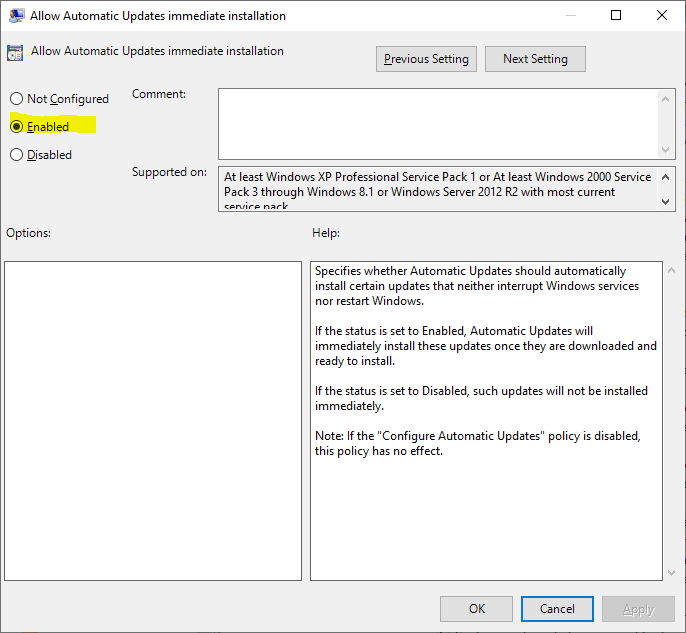 Allow Automatic Updates immediate installation
