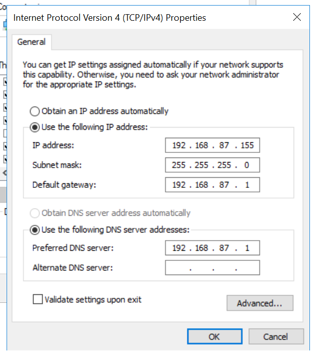 Example static IP values