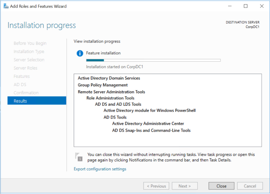 Install AD DS role via Server Manager