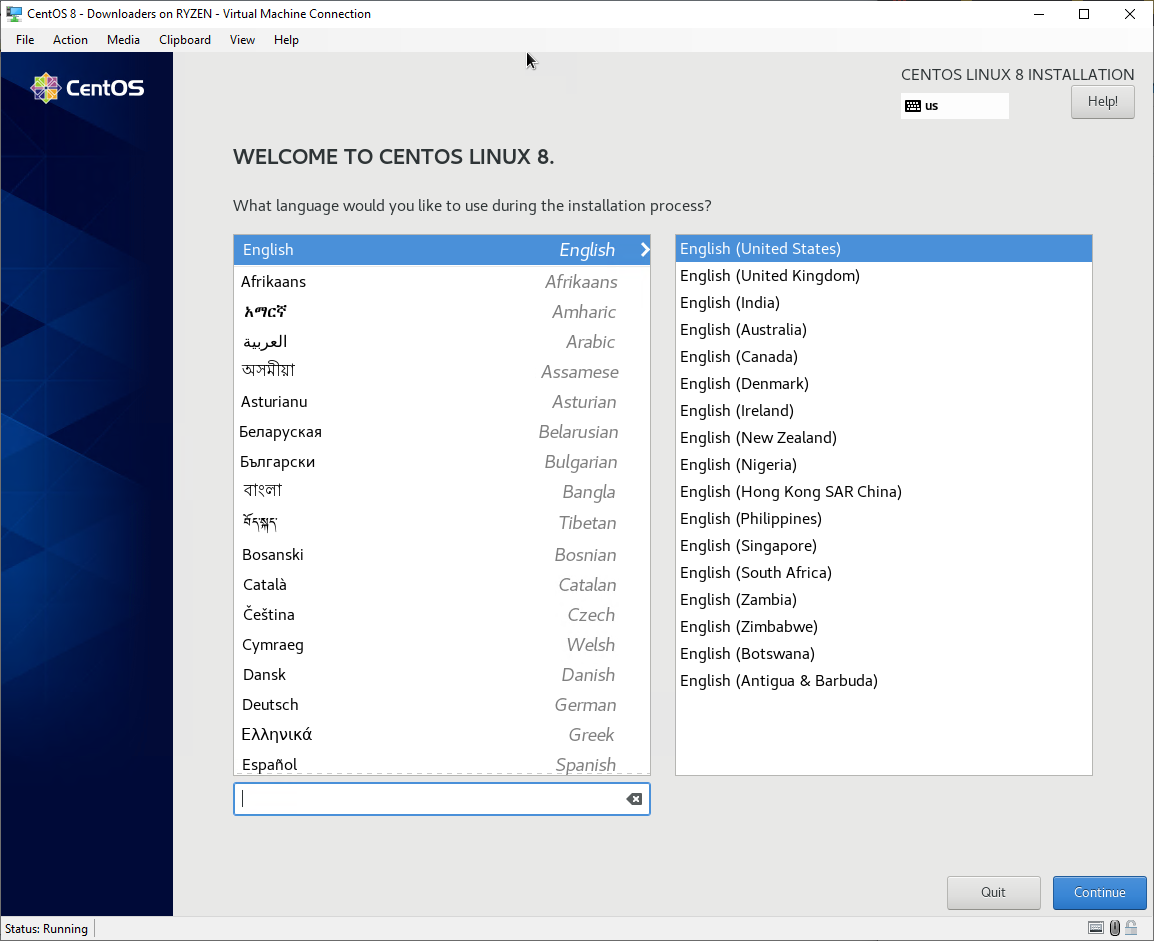 CentOS 8 installation - language selection screen