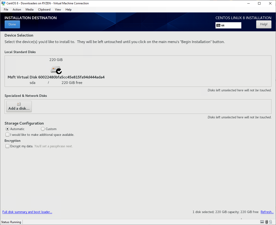 CentOS 8 installation - installation destination screen