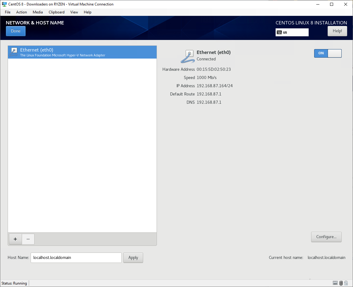 CentOS 8 installation - Network & Hostname screen