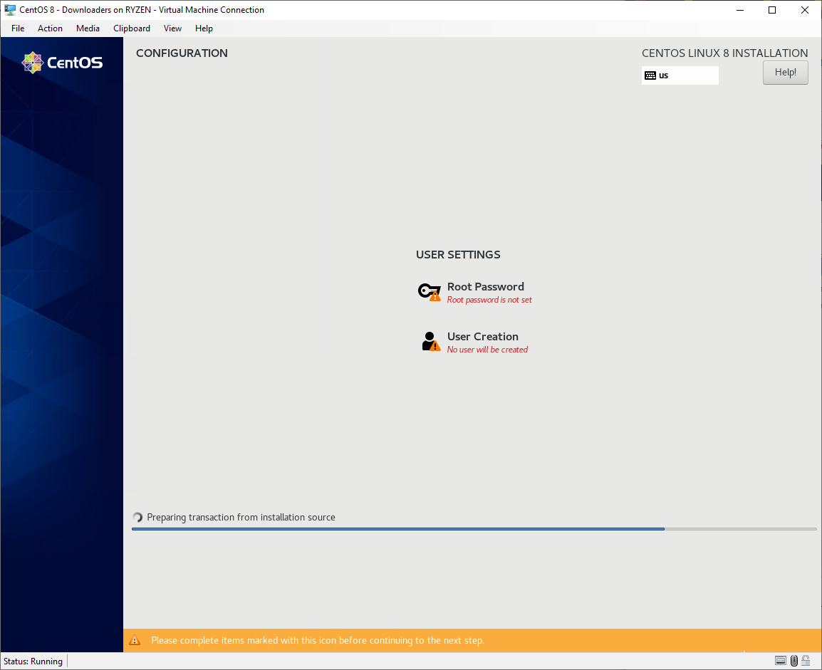 CentOS 8 installation - Configuration screen